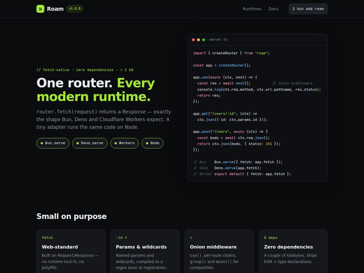 Roam — Fetch-Native Router for Bun, Deno, Workers & Node